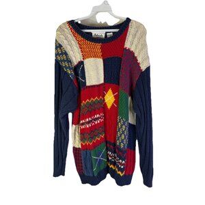 Vintage 90s Hand Knit Patchwork Geometric Baggy Sweater Streetwear